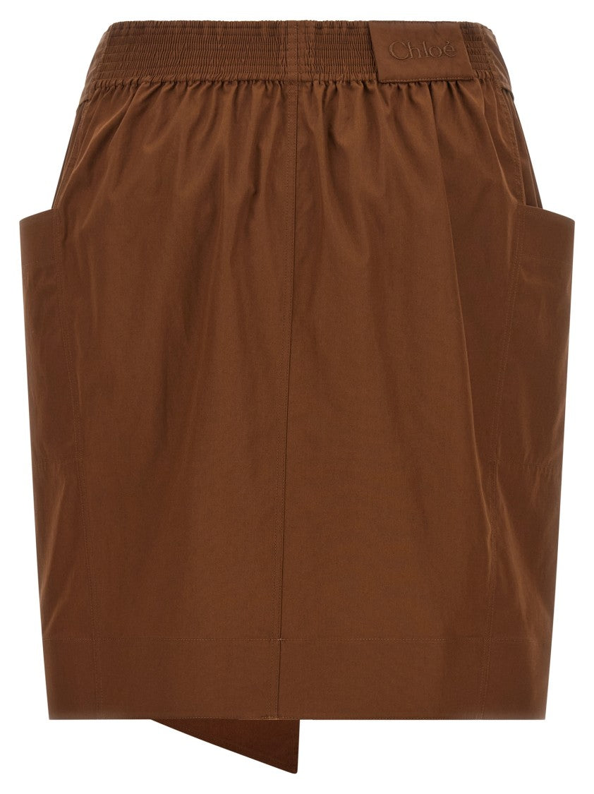 Chloé Brown Cotton Poplin Sheath Midi Skirt With Sash Waistband