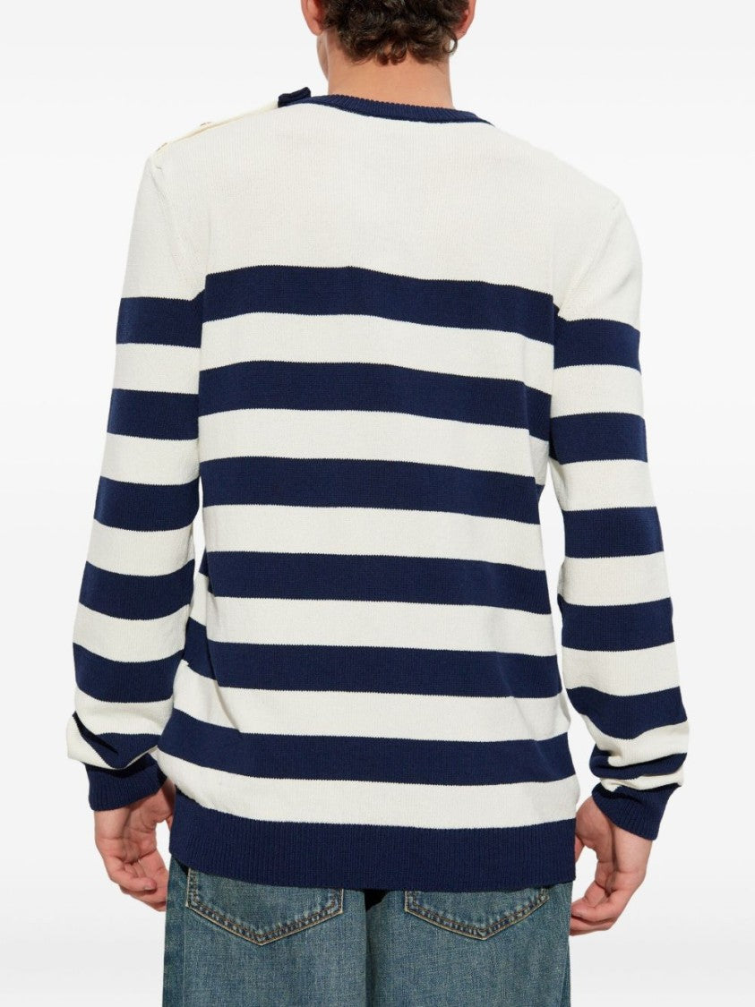 Balmain White Black Striped Shoulder Button Sweater