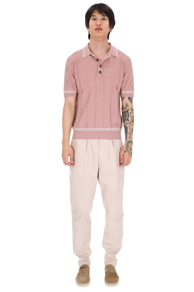 Eleventy Dusty Pink Cable-Knit Linen-Cotton Polo Shirt