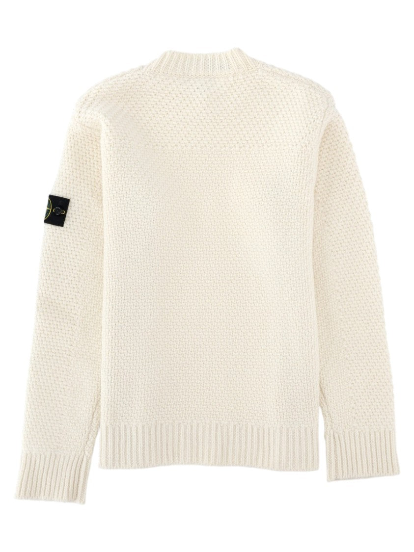 Stone Island Ivory Distinctive Sleeve Patch Virgin Wool Sweater