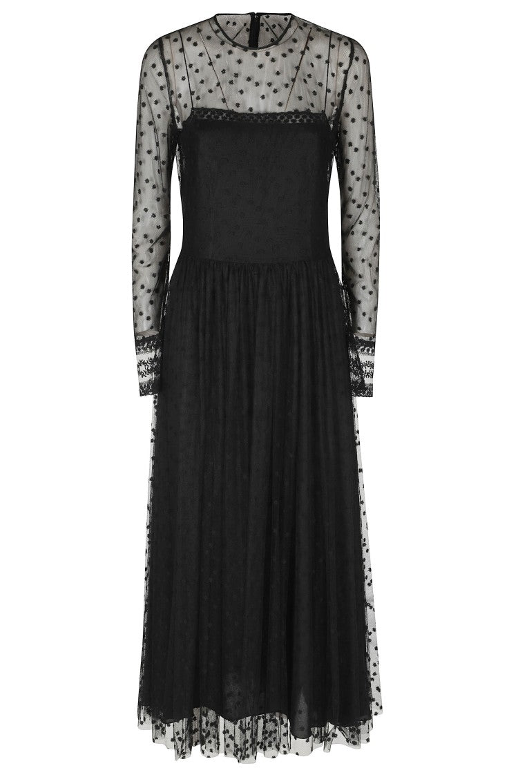 Alberta Ferretti Black Sheer Embroidered Floral Round Neck Polyester Dress