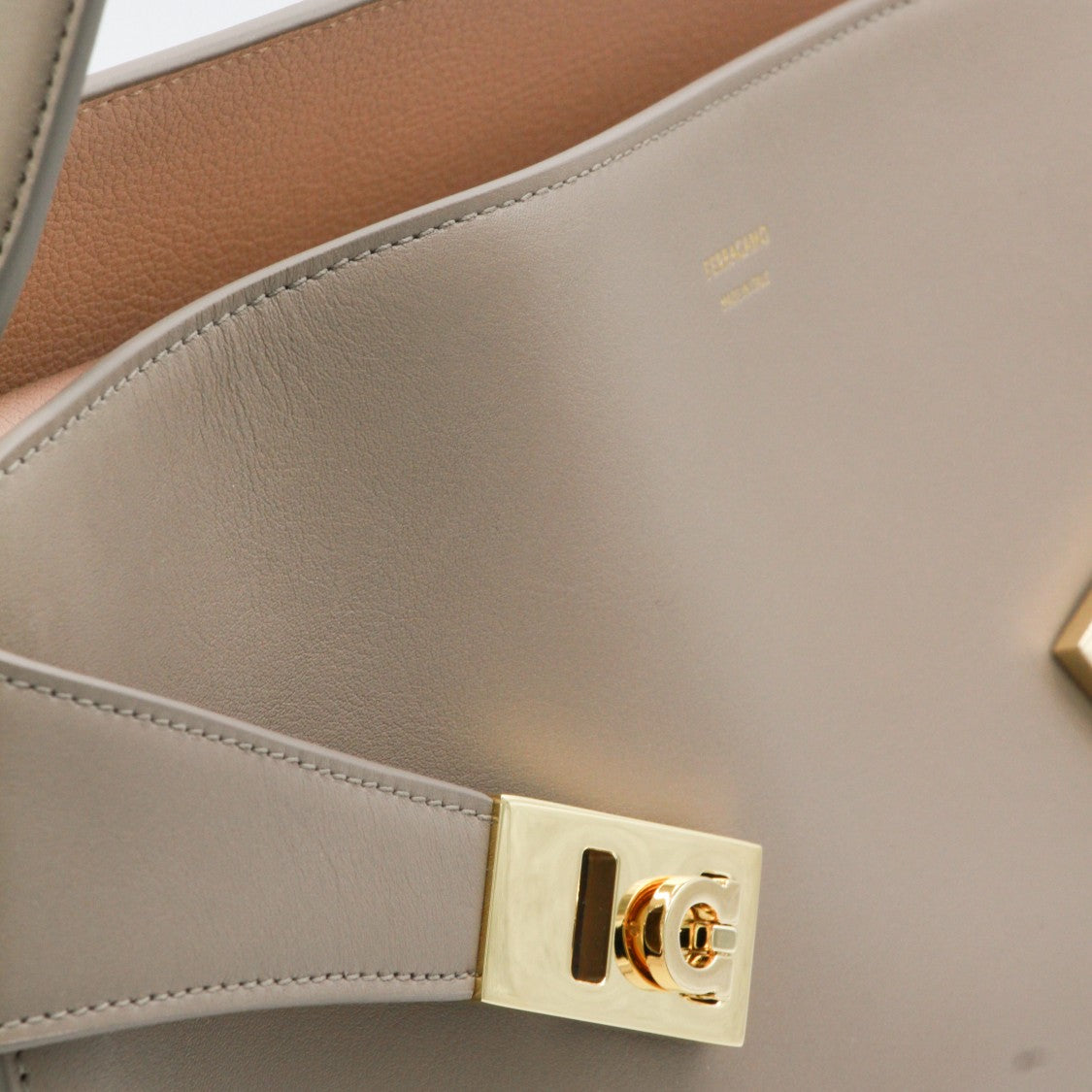 Ferragamo Structured Taupe Leather Handbag With Gold-Tone Accents