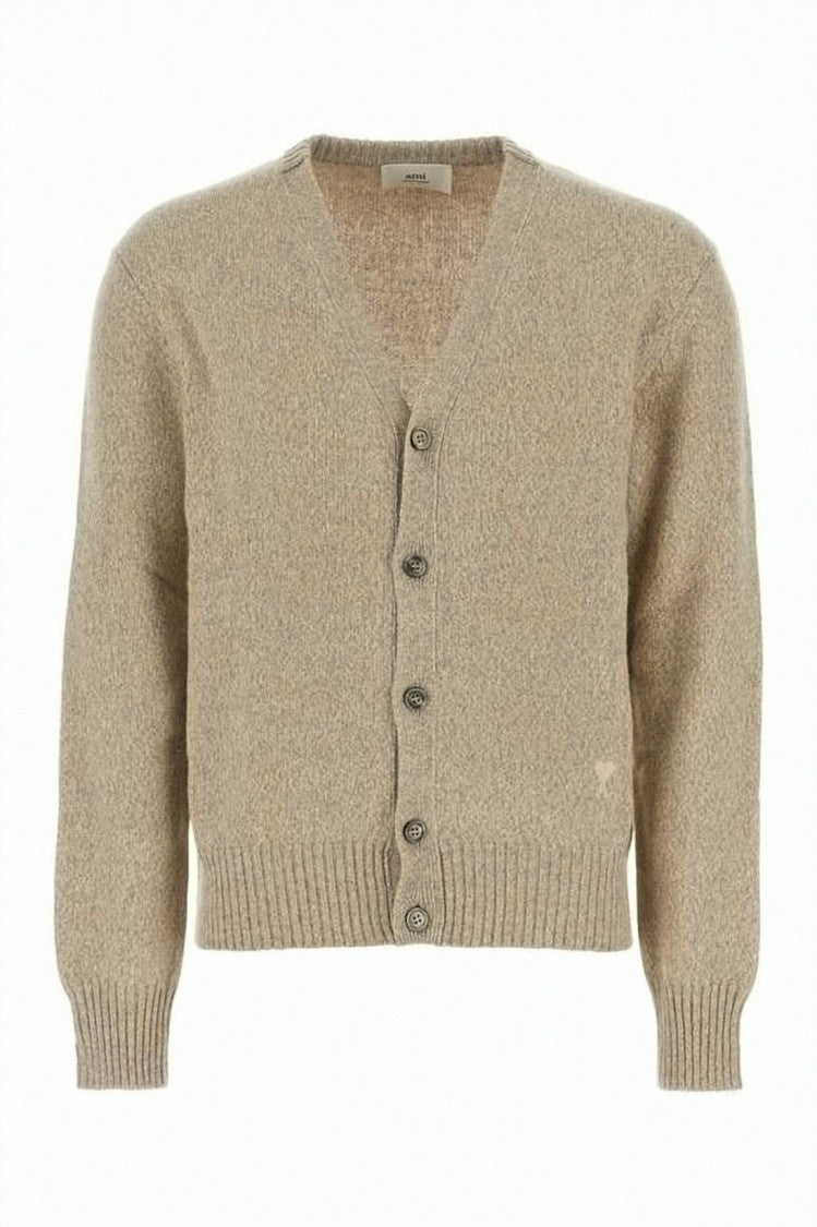 Ami Paris Textured Cashmere Blend Cardigan With Ribbed Details