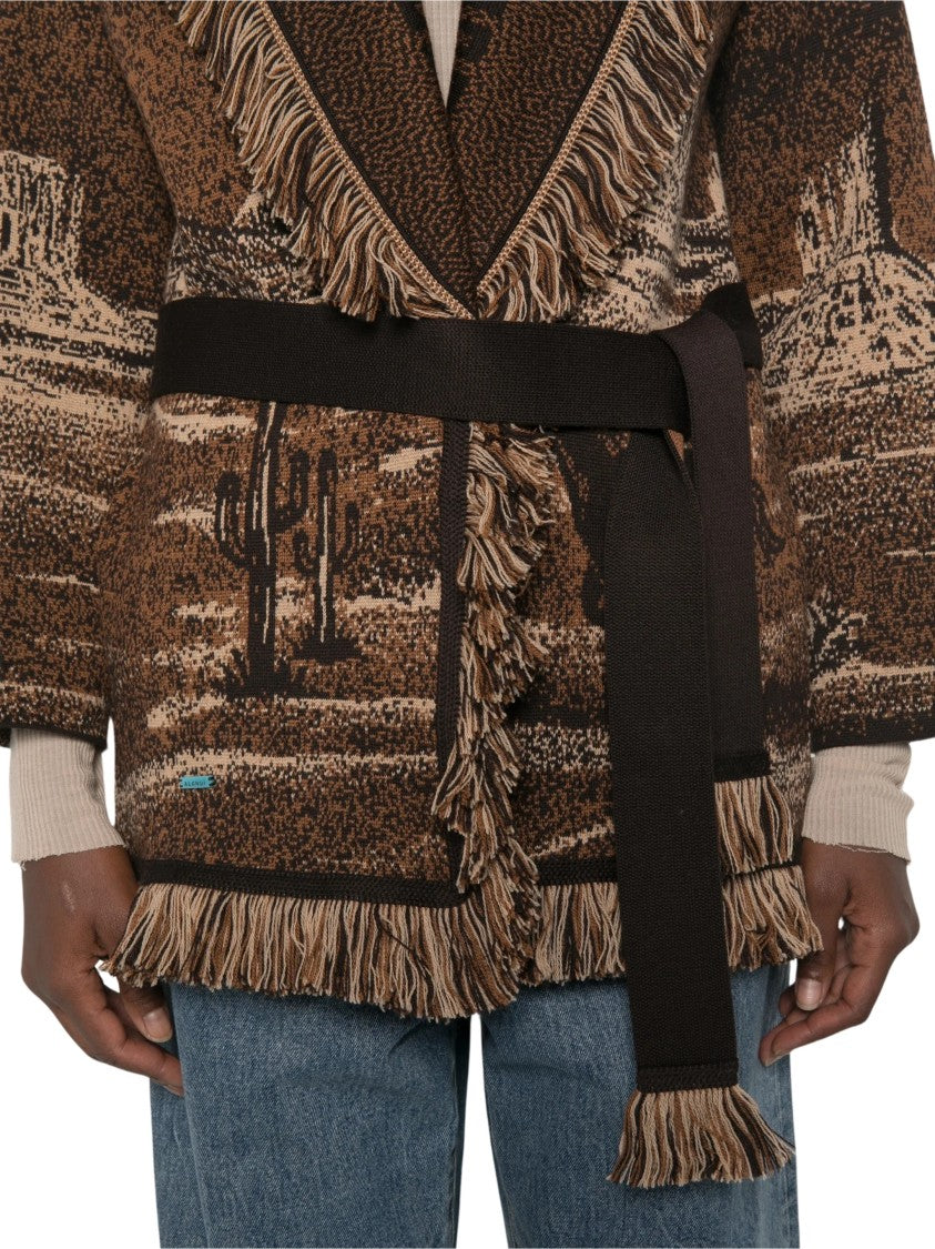 Alanui Shawl Collar Cardigan With Fringe Detailing And Desert Landscape