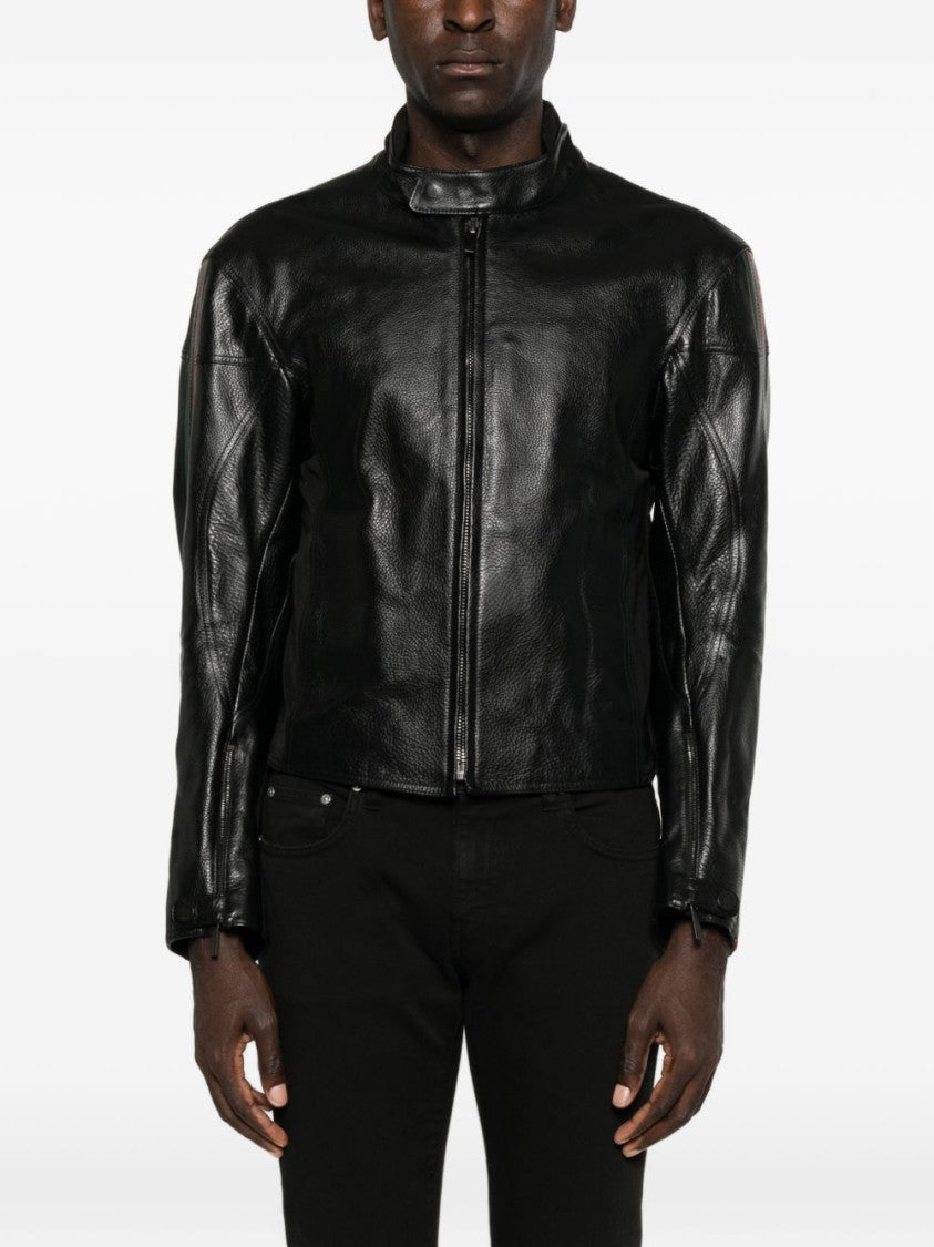 Gucci Cropped Leather Jacket With Striped Shoulders And Zippered Cuffs