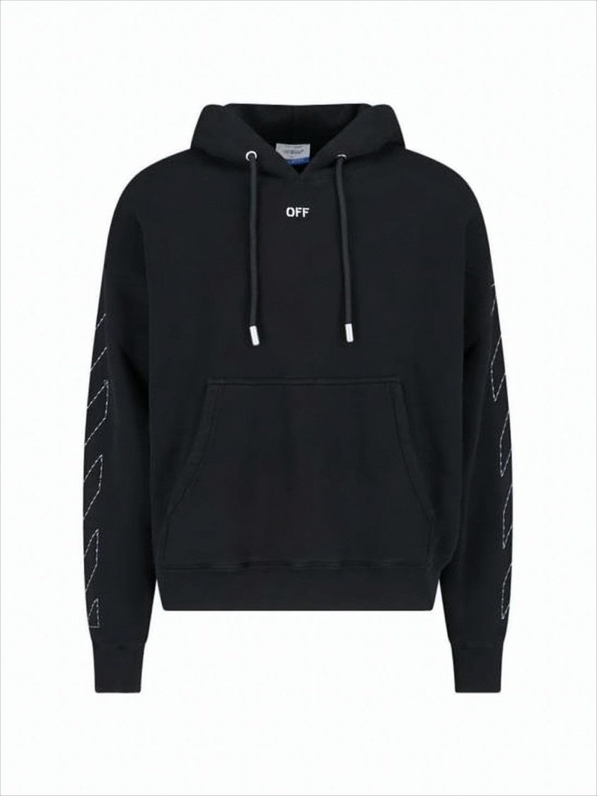 Off-White Cropped Black Hoodie With Geometric Stitching And Distinctive Logo