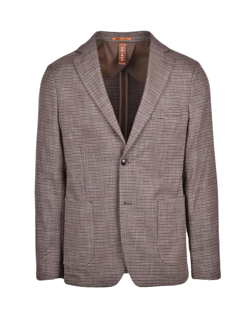 Seinse Brown Checkered Unlined Polyester-Blend Round Jacket