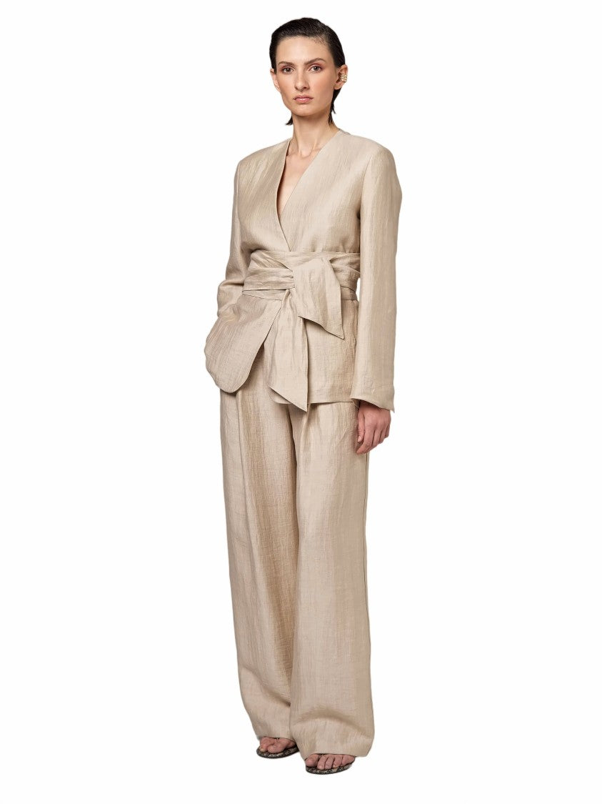 Alpha Studio Linen V-Neck Belted Single-Breasted Blazer