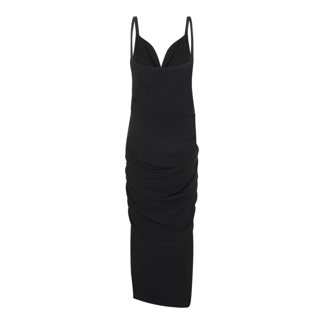 Rick Owens Black Viscose Midi Dress With Deep Heart Neckline And Asymmetrical Hem