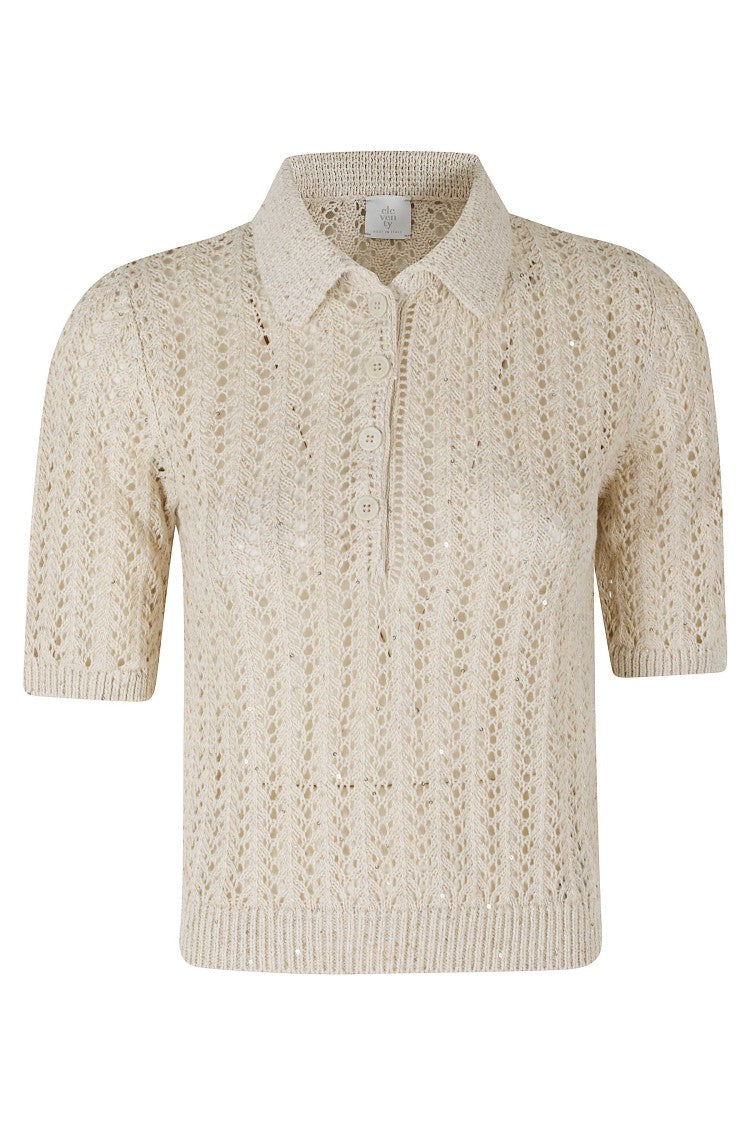 Eleventy Ivory Knit Perforated Ribbed-Trim Cotton-Blend Polo Shirt