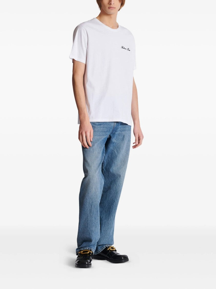 Balmain White Loose Ss Script Logo T-Shirt