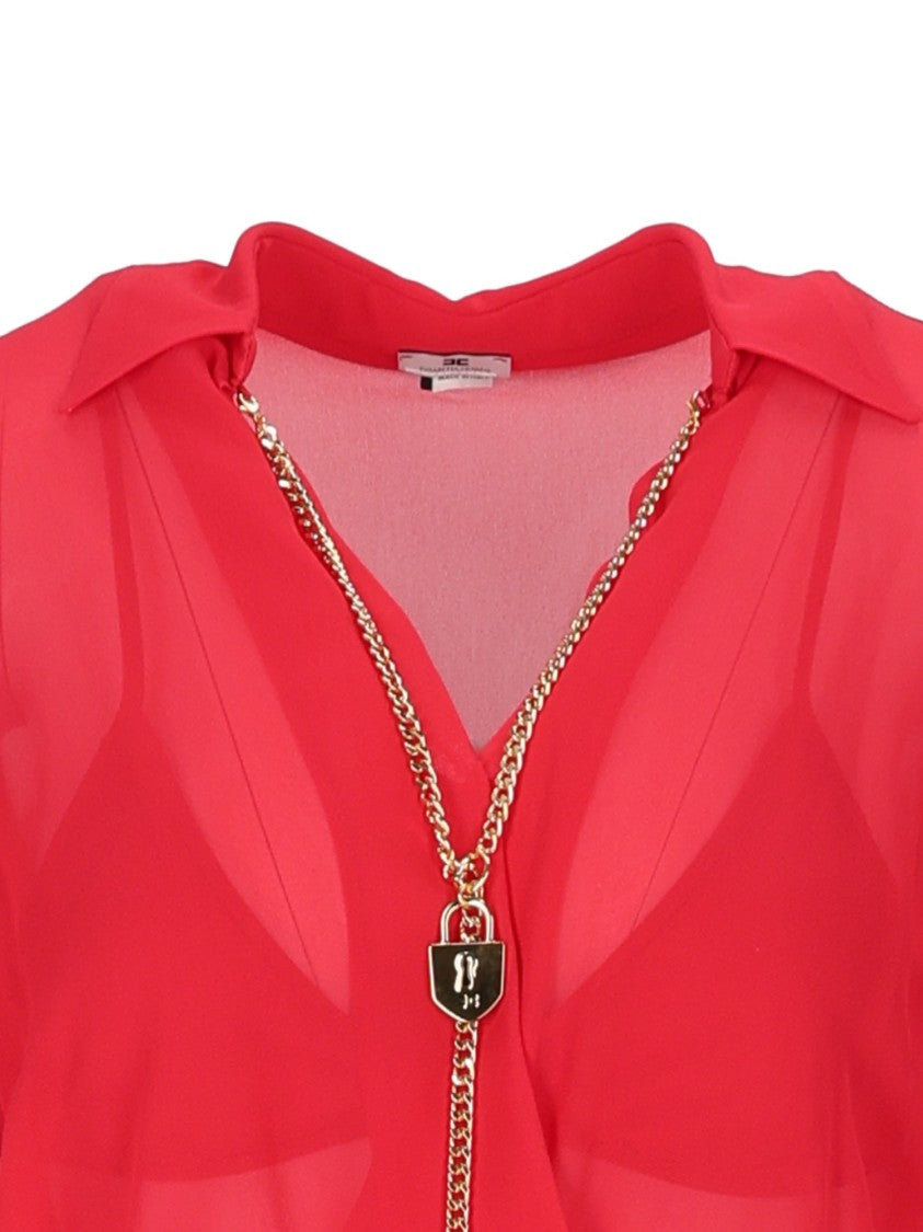 Elisabetta Franchi Sheer Long-Sleeved Gold Chain Bodysuit