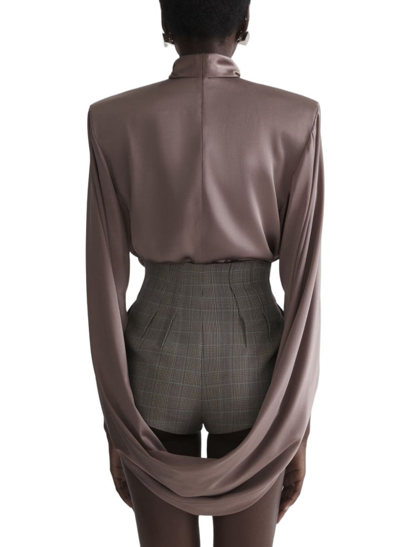 Mugler Brown Draped Pleated High Neck Top