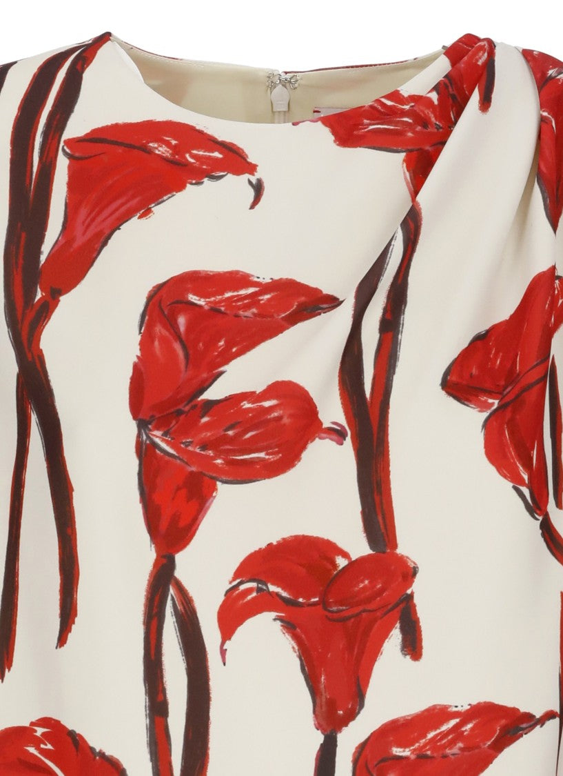 Carolina Herrera Ivory Red Floral Print Puff Sleeve Blouse