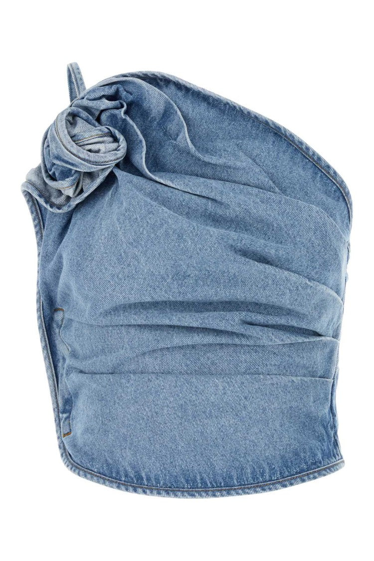 Magda Butrym One-Shoulder Blue Denim Top With Decorative Knot Detail