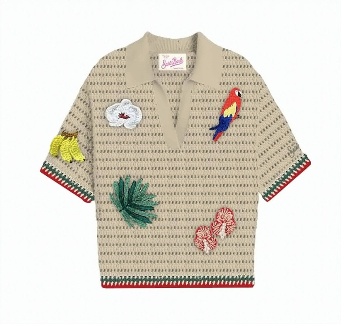 Mc2 Saint Barth Beige Open-Knit Short-Sleeve Top With Playful Embroidery