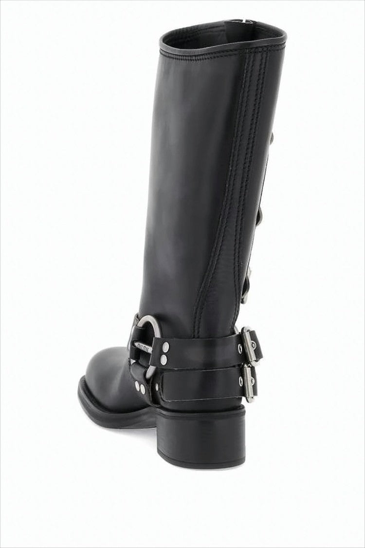 Miu Miu Mid-Calf Black Calf Leather Boots With Adjustable Buckles