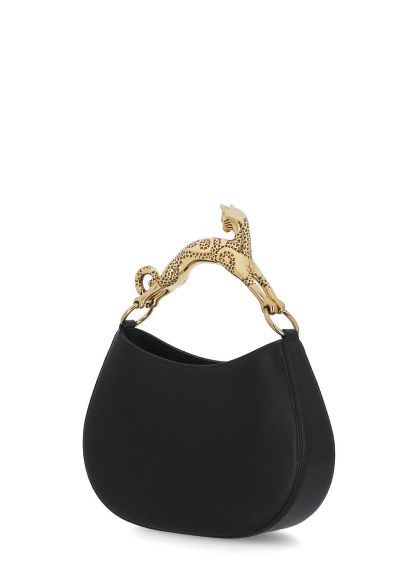 Lanvin Black Metal Cat Handle Crescent Leather Shoulder Bag