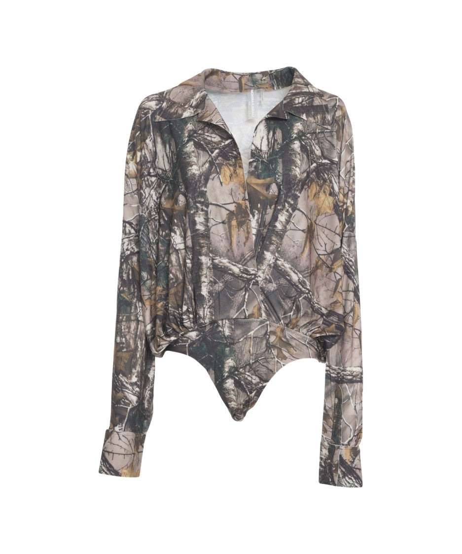 Norma Kamali Camouflage-Inspired Long-Sleeved Top With Deep V-Neckline