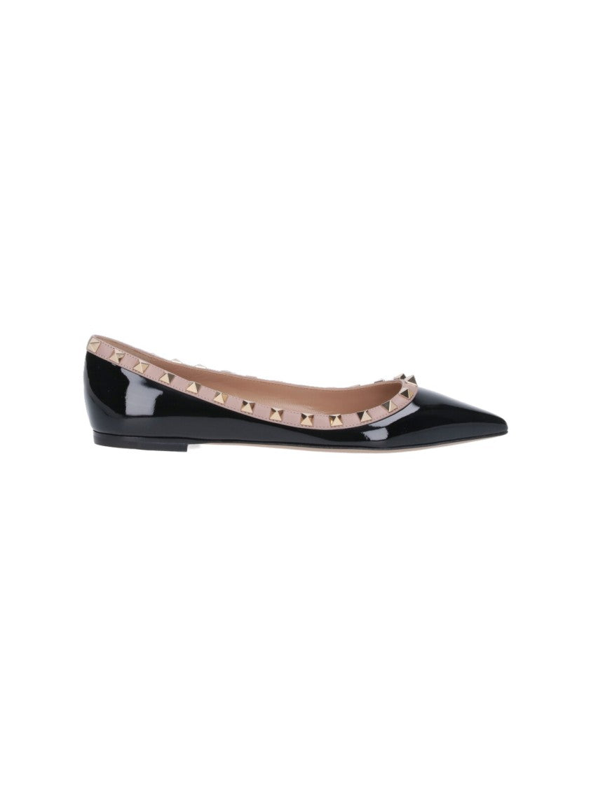 Valentino Garavani Black Rockstud Pink Detail Patent Ballerinas