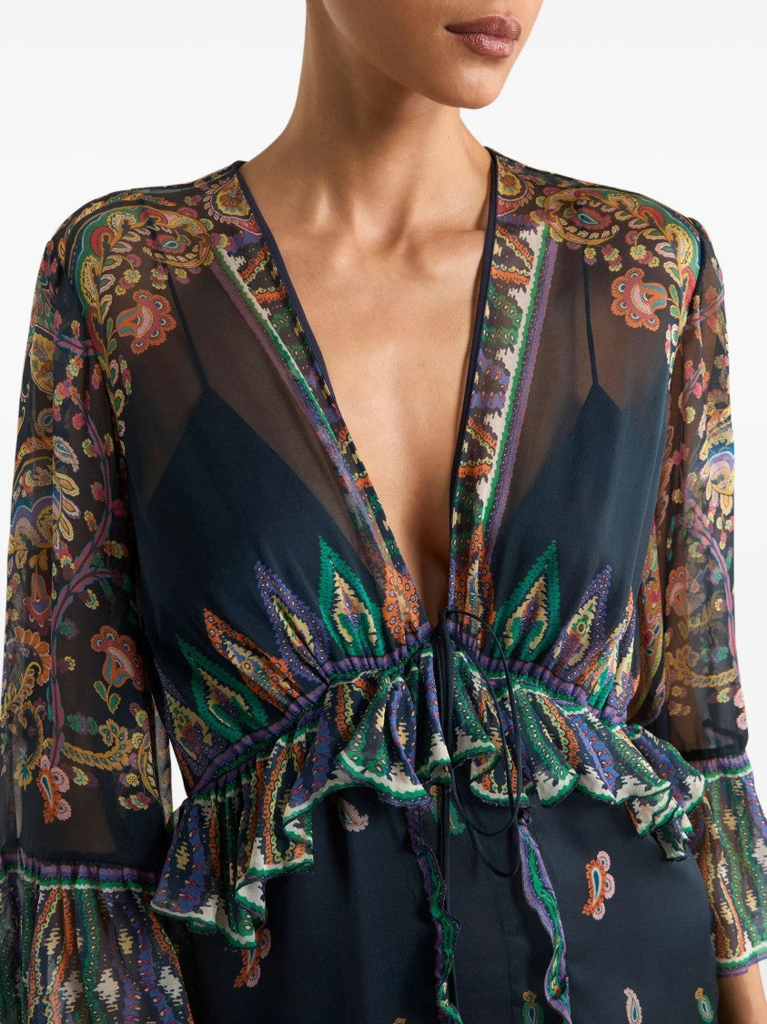 Etro Black Maxi Flared Paisley Ruffled Dress