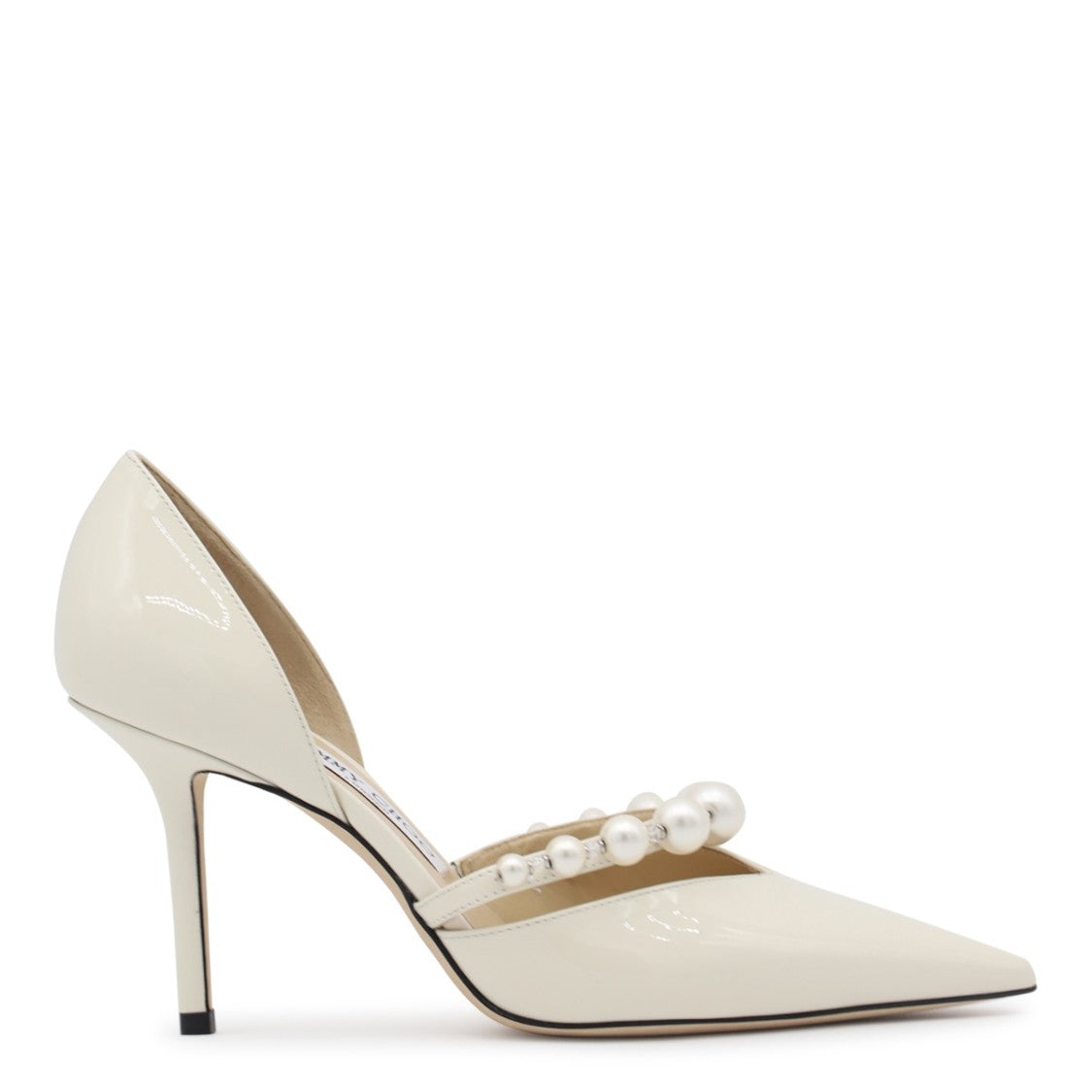 Jimmy Choo Patent Leather White Aurelie 85 Pumps With Pearl Embellishments