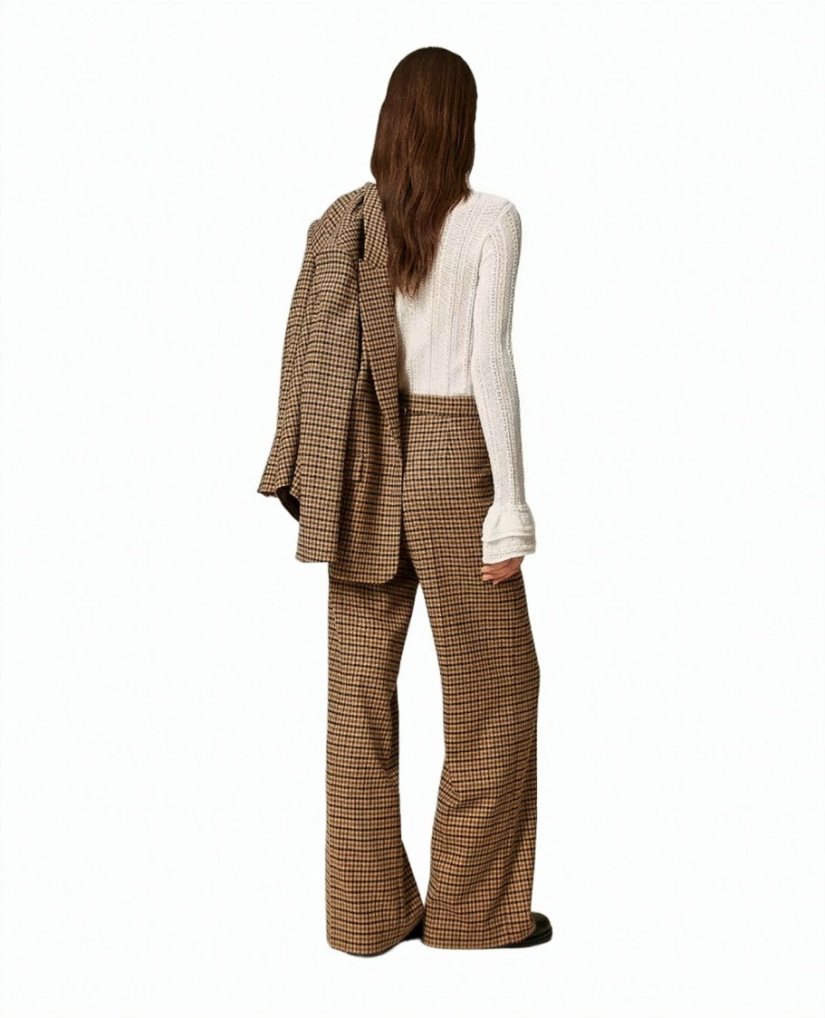 Twin-Set Check Wool-Blend Gold Button Straight-Leg Pants