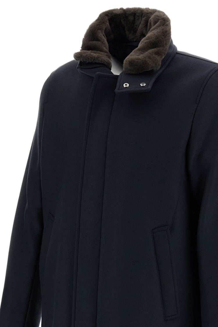 Herno Blue Ecowool Light Faux Fur Virgin Wool Coat