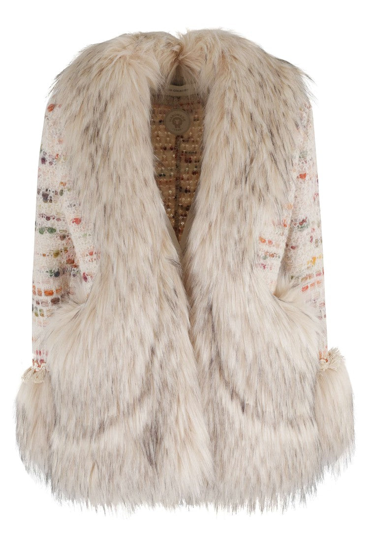 The Extreme Collection Textured Ecru Short Coat With Faux Fur Accents