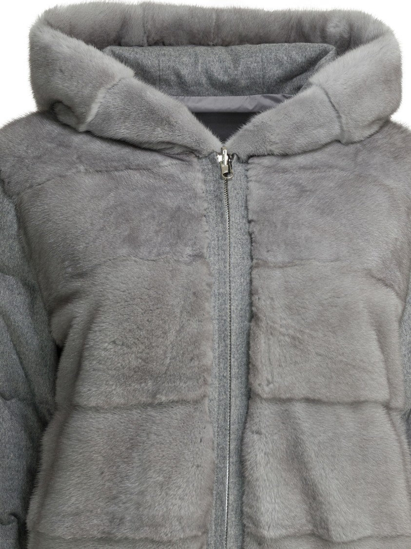 Camelia Light Blue Silk-Cashmere Short Coat With Mink Fur Details