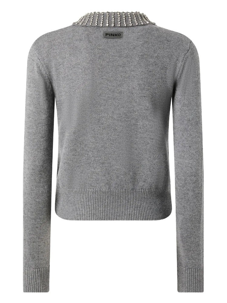 Pinko Medium-Grey Knit Sweater With Pointed Collar And Silver Studs