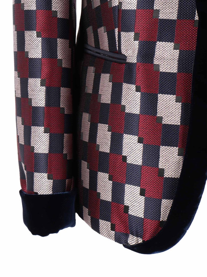 Emporio Armani Geometric Checkered Blazer With Velvet Trim