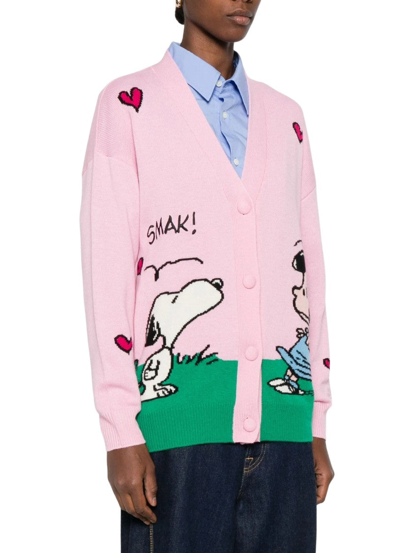 Mc2 Saint Barth Playful Cartoon Design Pink Cardigan With Button-Up Front