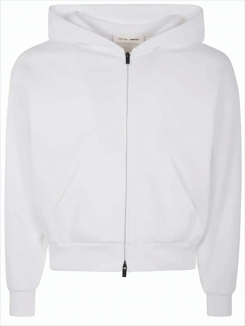 Fear Of God Cropped White Hoodie With Front Zipper And Embossed Detailing