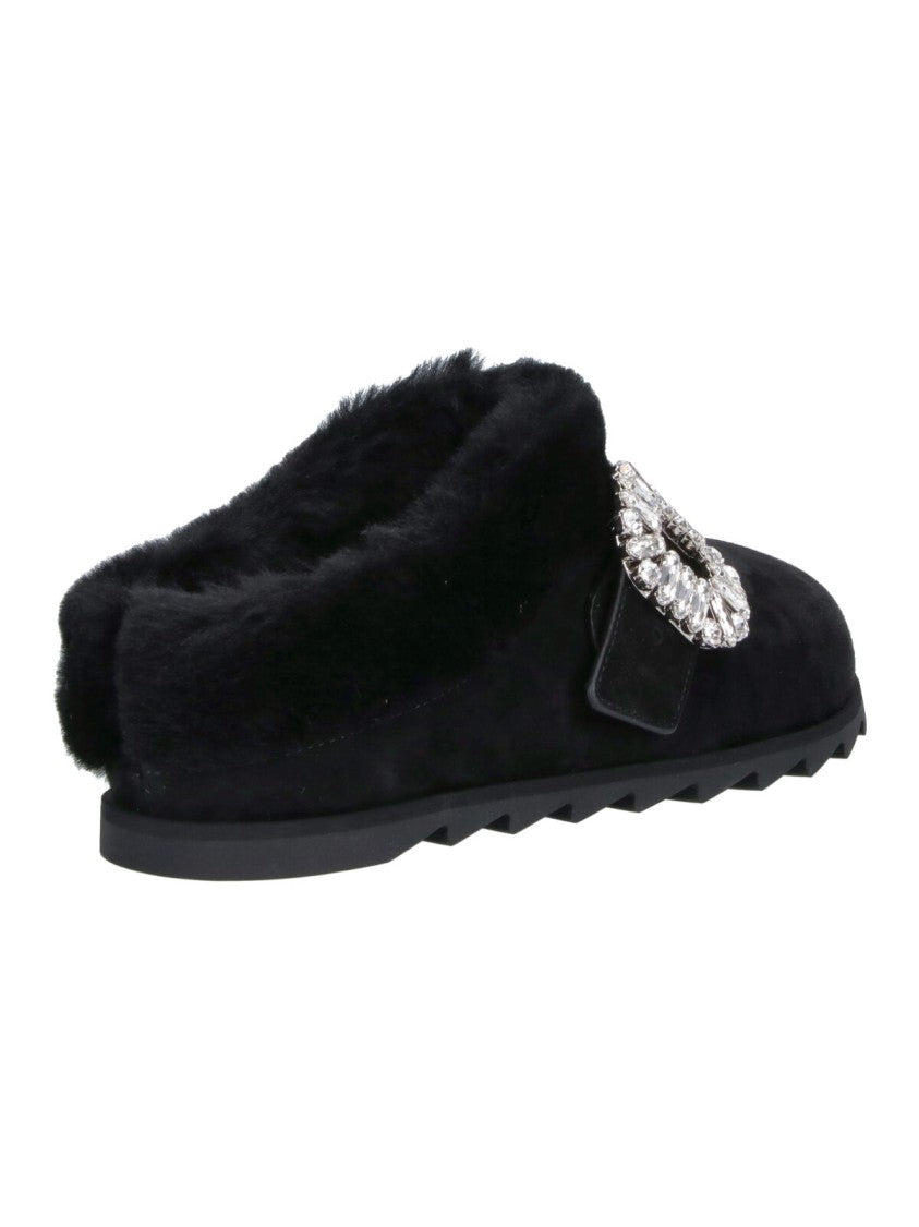 Roger Vivier Black Slidy Viv' Shearling Lined Suede Mules