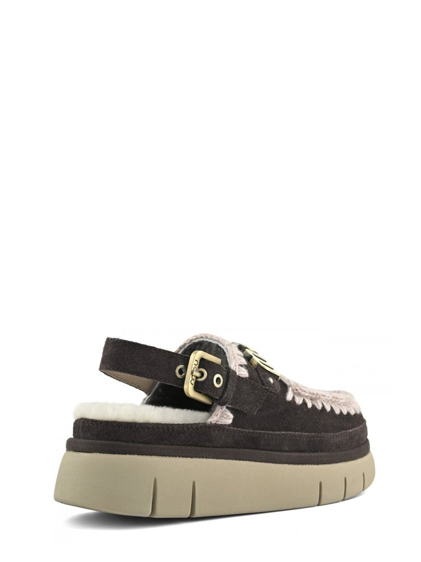 Mou Dark Gold Buckle Plush Lined Suede Sandals