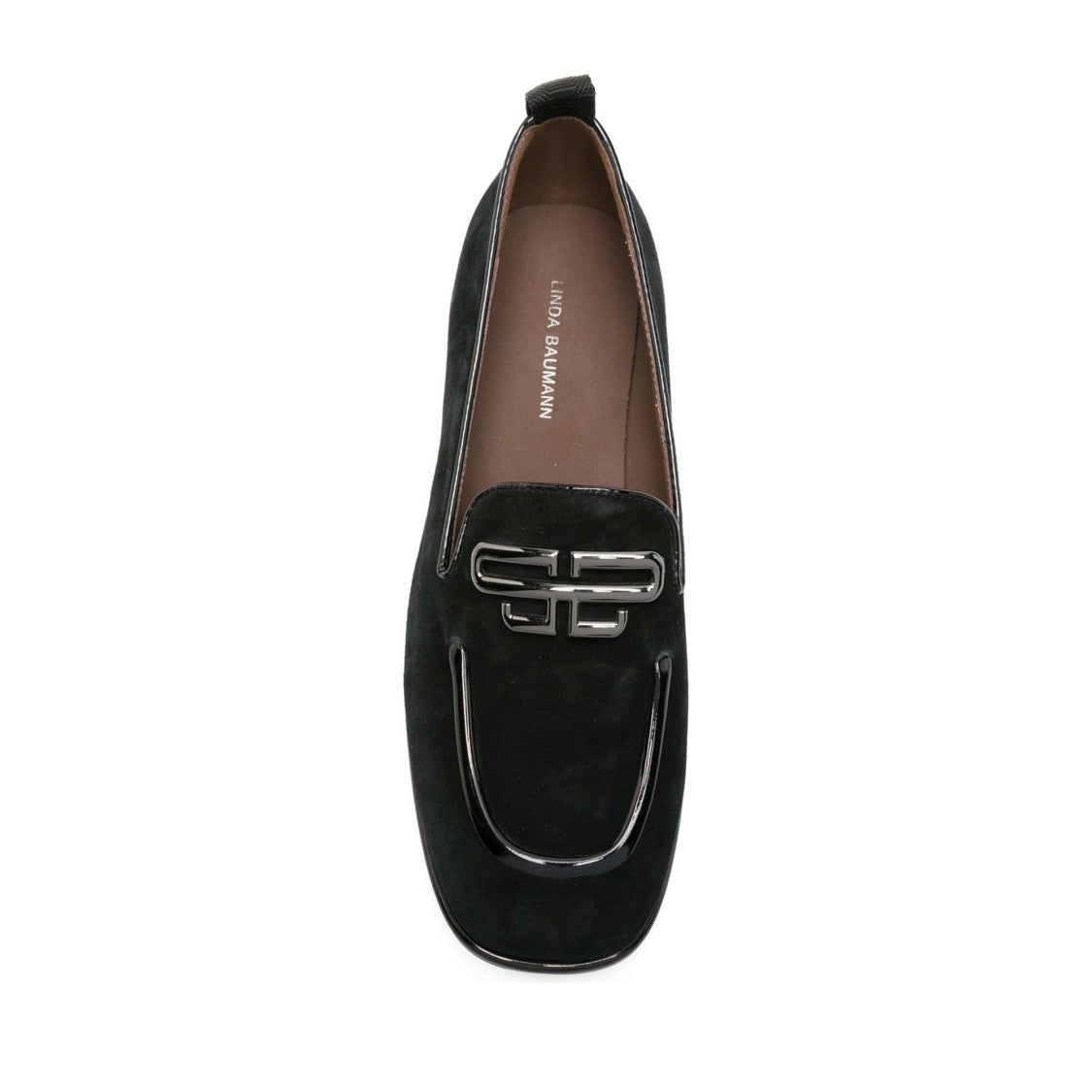 Linda Baumann Black Sleek Metallic Emblem Closed-Toe Leather Dress Flats