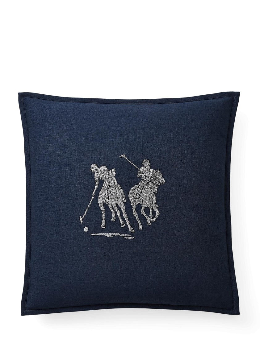 Polo Ralph Lauren Deep Blue Linen Pillow With Beaded Polo Graphic