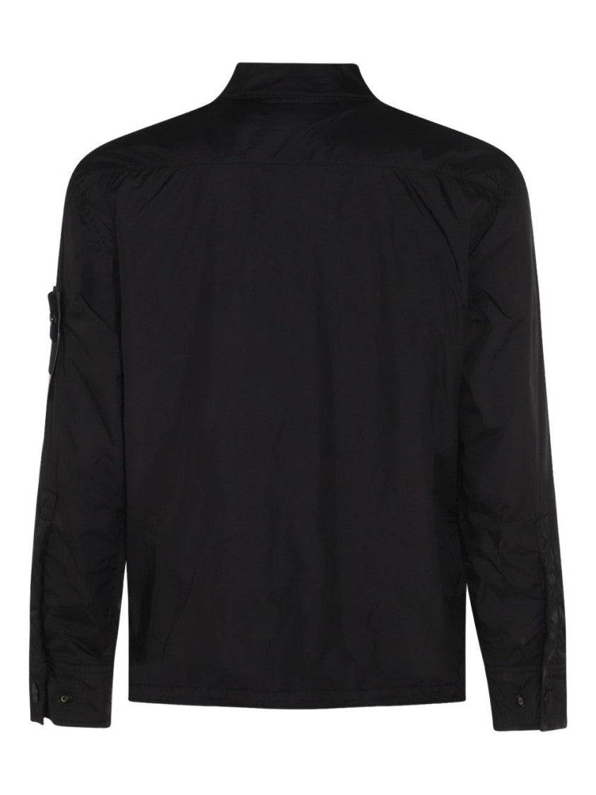Stone Island Black Nylon Jacket With Shirt Collar And Logo Badge
