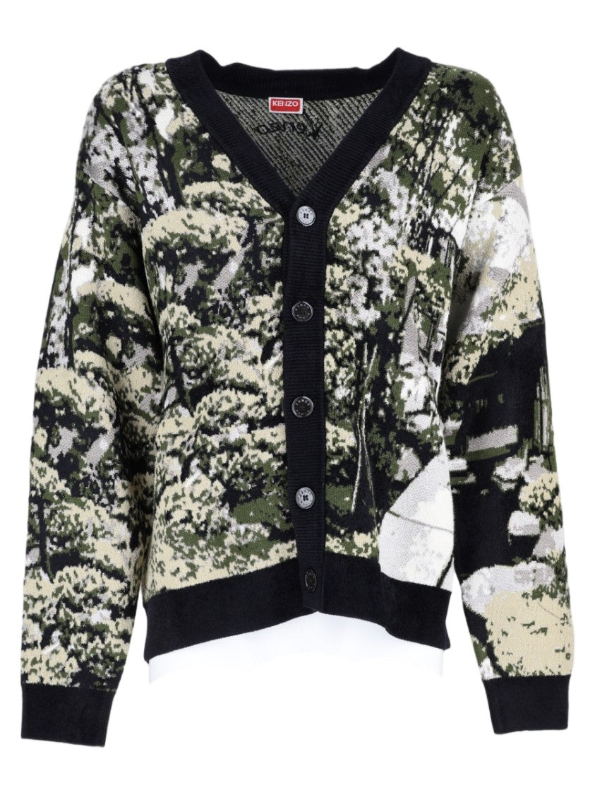 Kenzo Brown Wool-Blend V-Neck Landscape Pattern Sweater