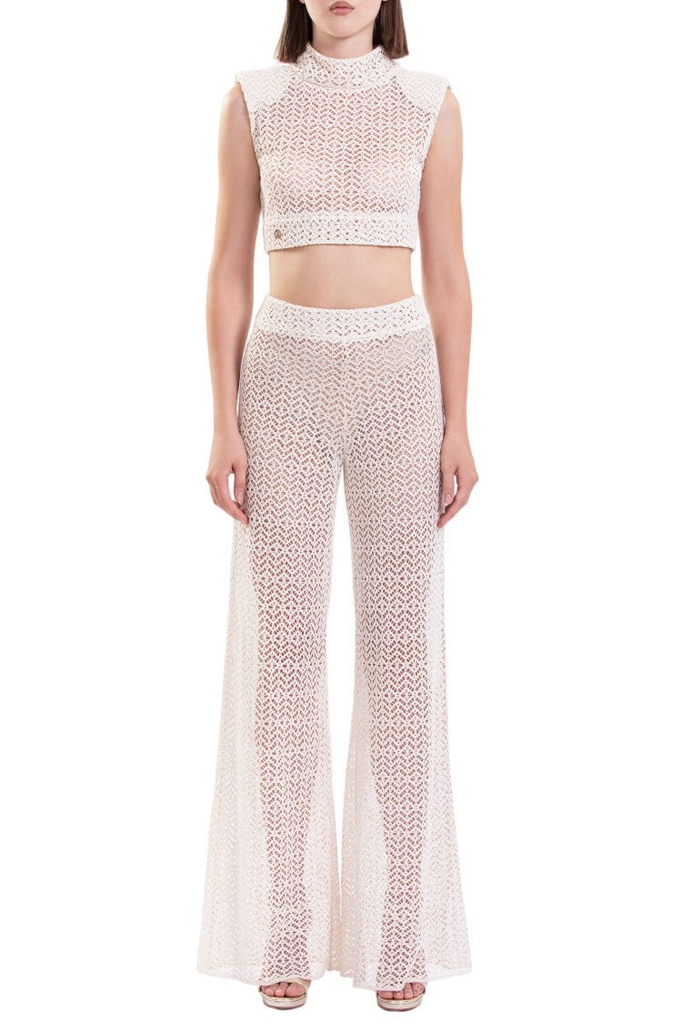 Saiid Kobeisy Ivory Knitted High-Waist Flared-Leg Pants