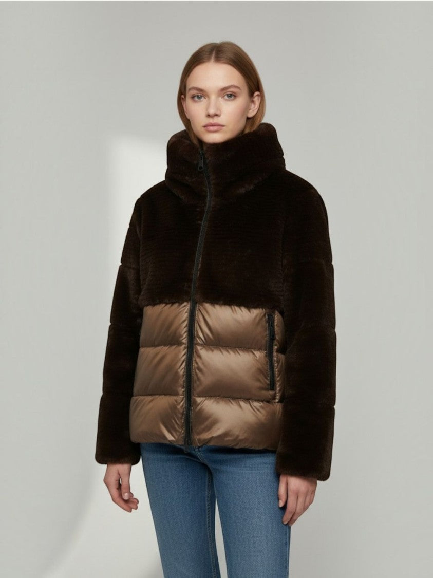 Blauer Boxy Cropped Plush Faux Fur Quilted Jacket