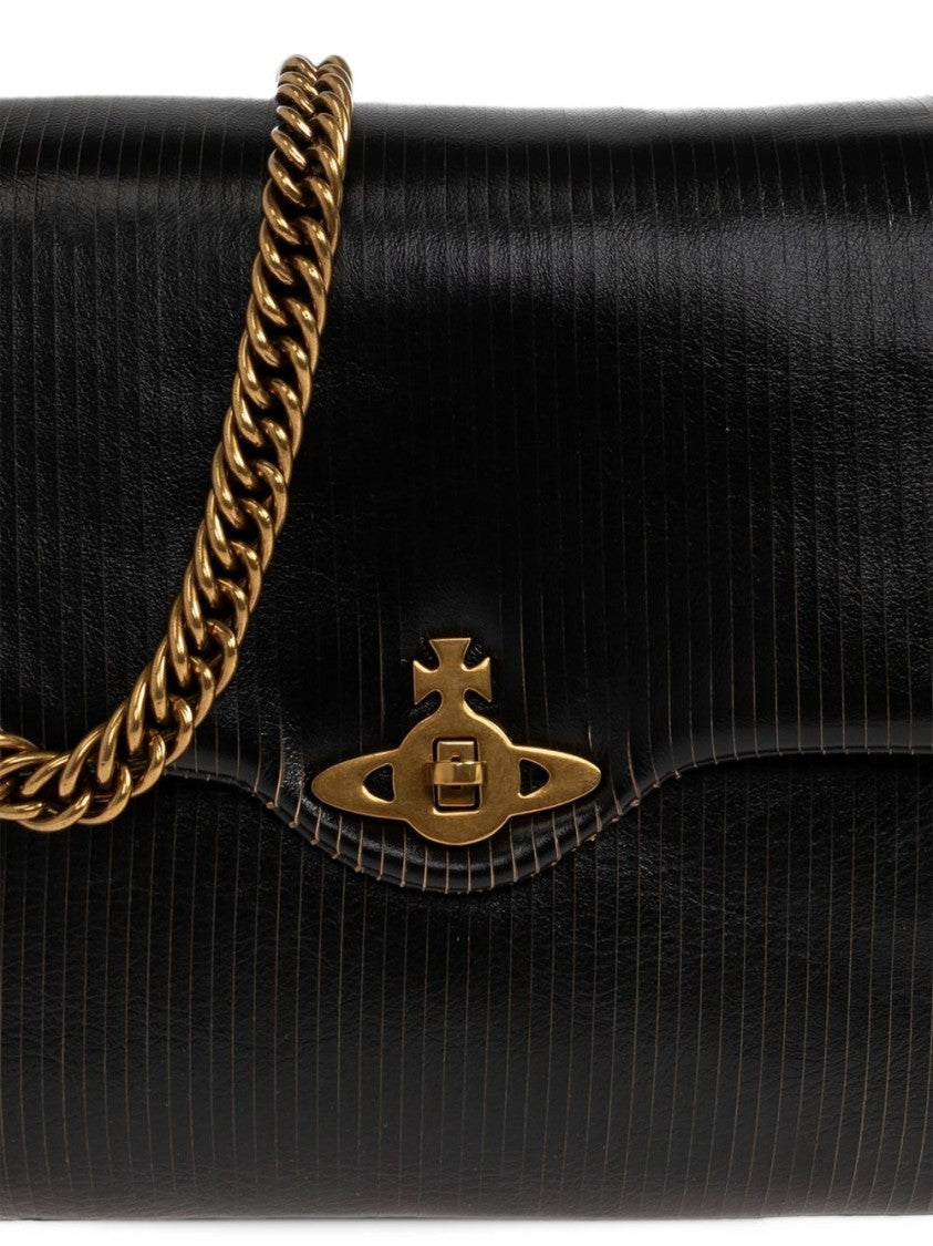 Vivienne Westwood Textured Black Handbag With Gold-Tone Emblem And Chain Strap