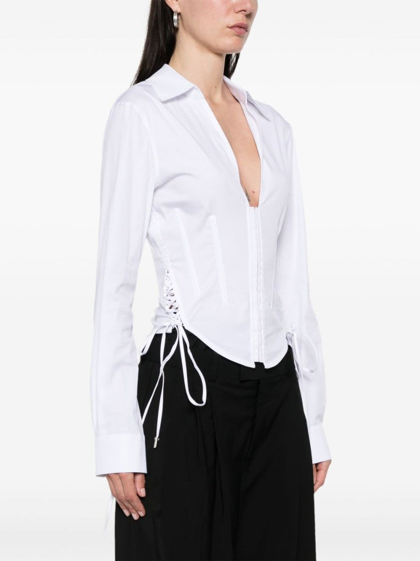 Mugler White V Neck Lace Up Top