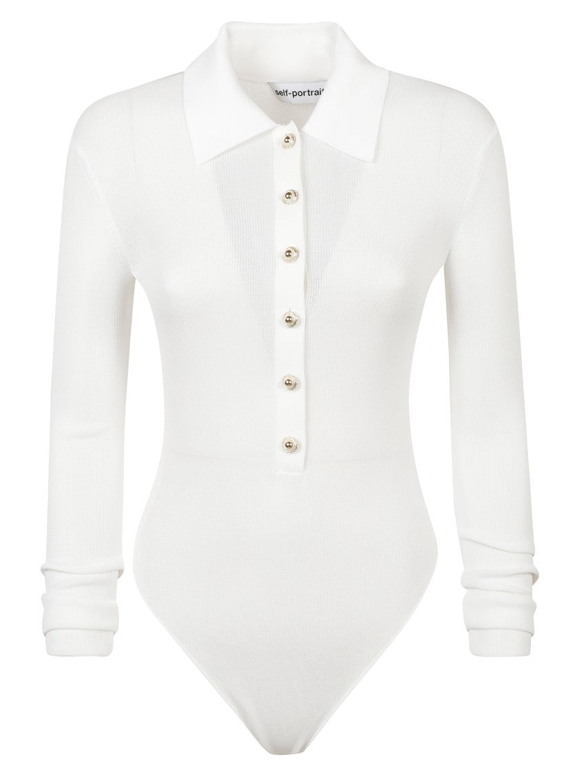 Self-Portrait Fitted White Top With Deep V-Neckline And Button Detailing