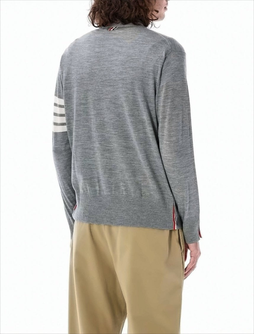 Thom Browne Medium Grey Wool Cardigan With Distinctive Stripe Detail