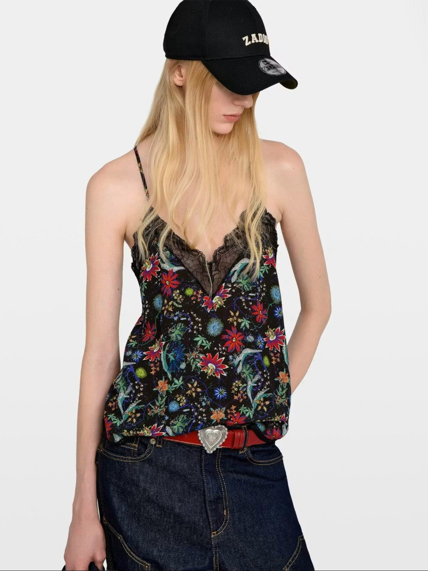 Zadig & Voltaire Sleeveless Top With Lace-Trimmed V-Neckline And Floral Print