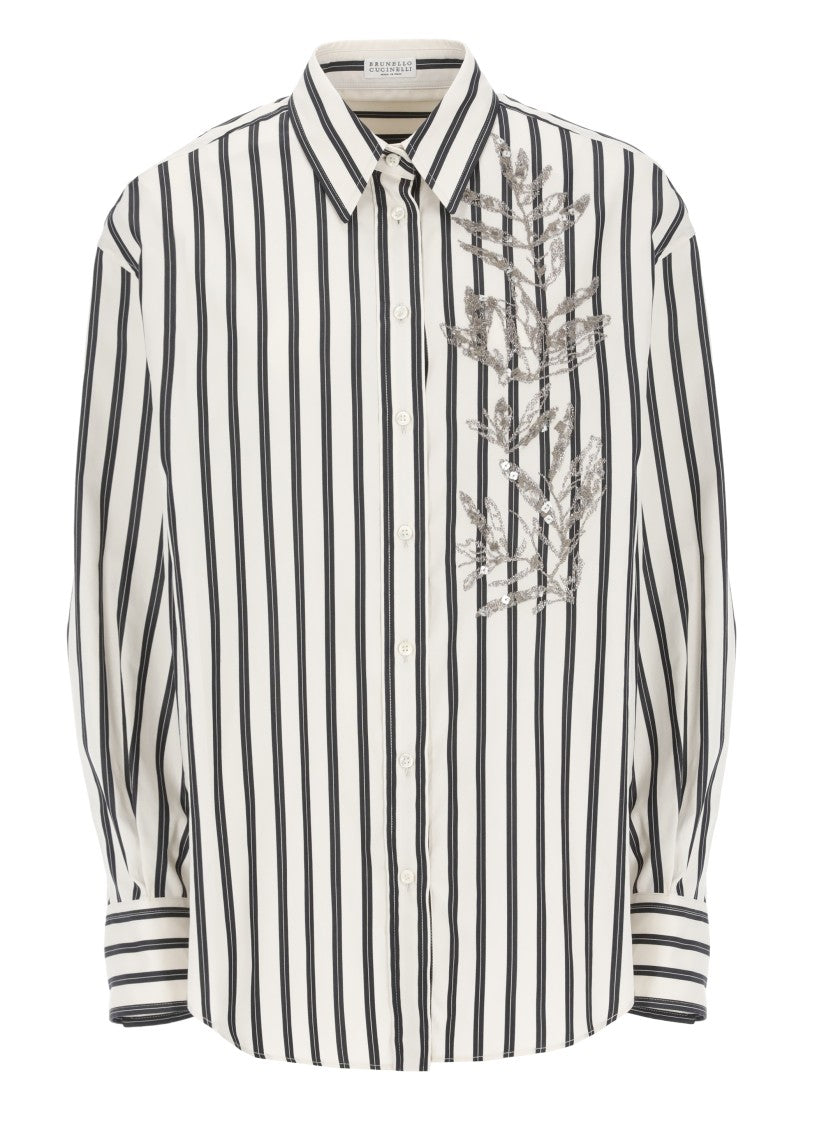 Brunello Cucinelli Ivory Striped Cotton-Silk Shirt
