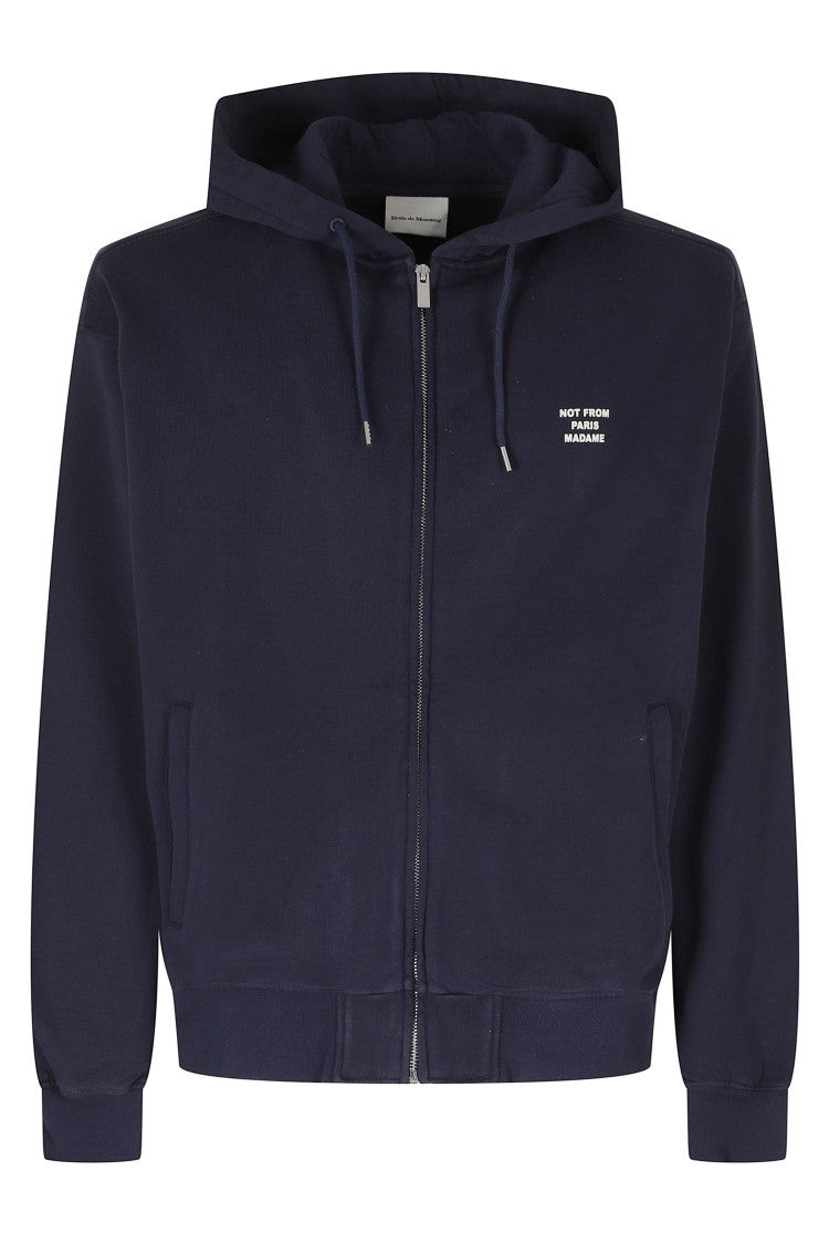 Drôle De Monsieur Blue Slogan Zip-Up Cotton Hoodie