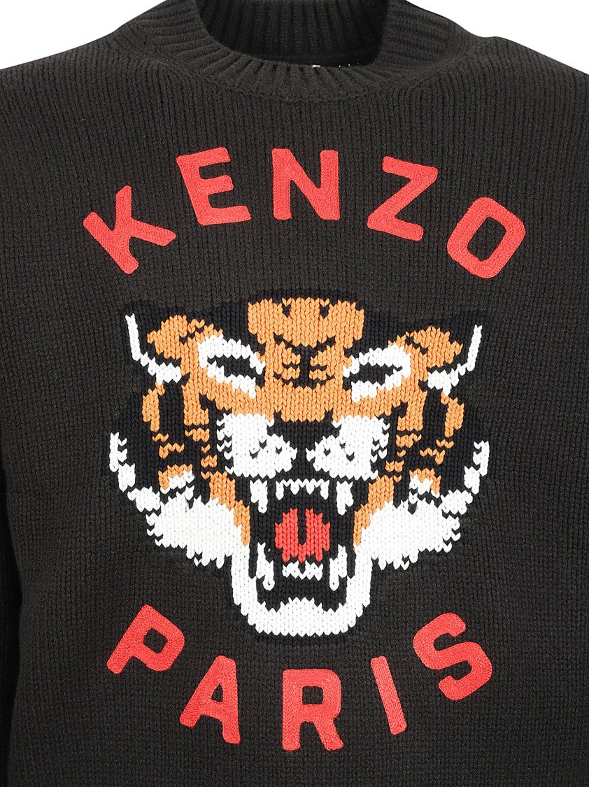 Kenzo Tiger Graphic Black Sweater With Ribbed Texture